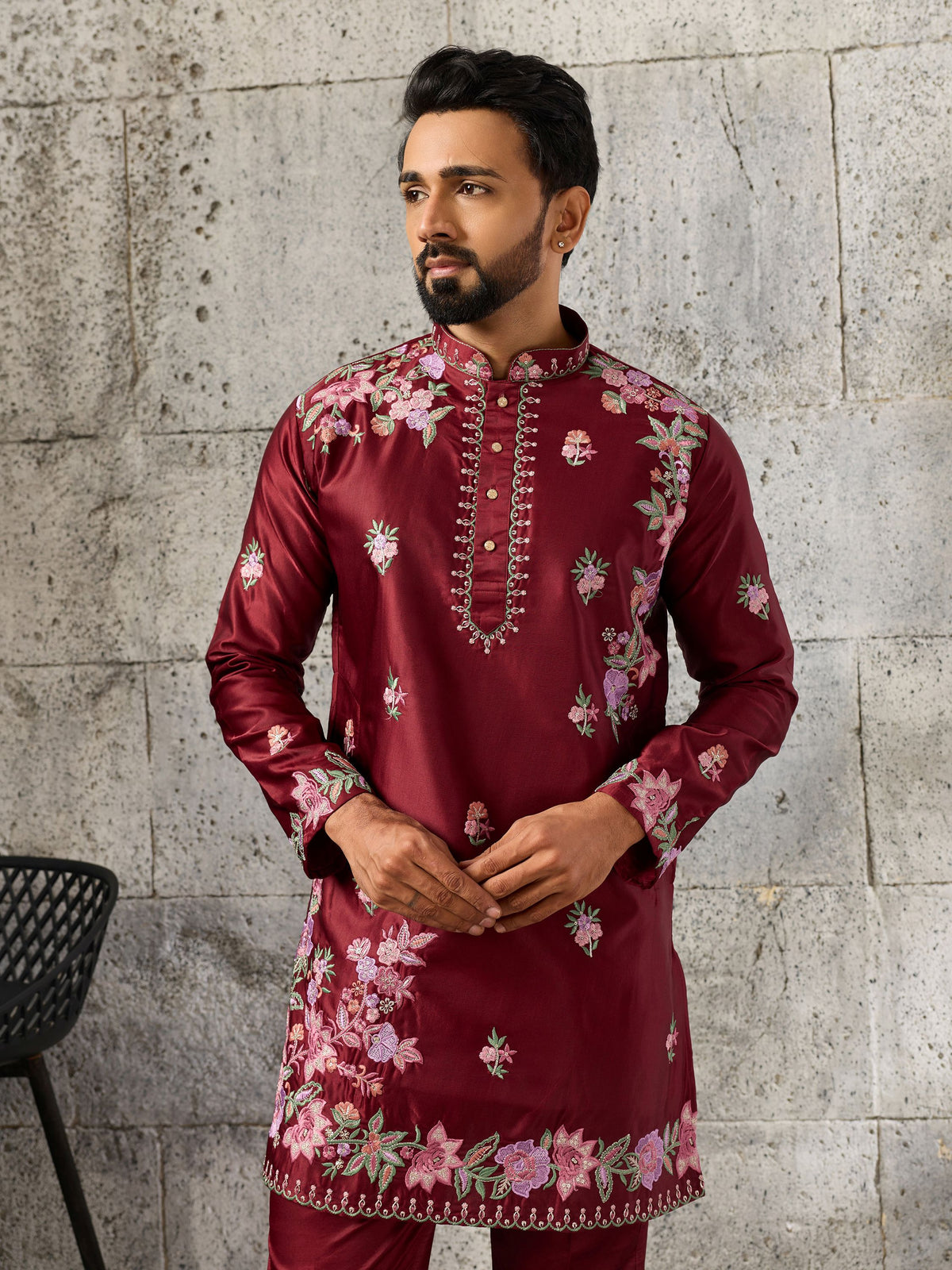 Dashing Maroon Embroidered Silk Function Wear Men’s Kurta Set