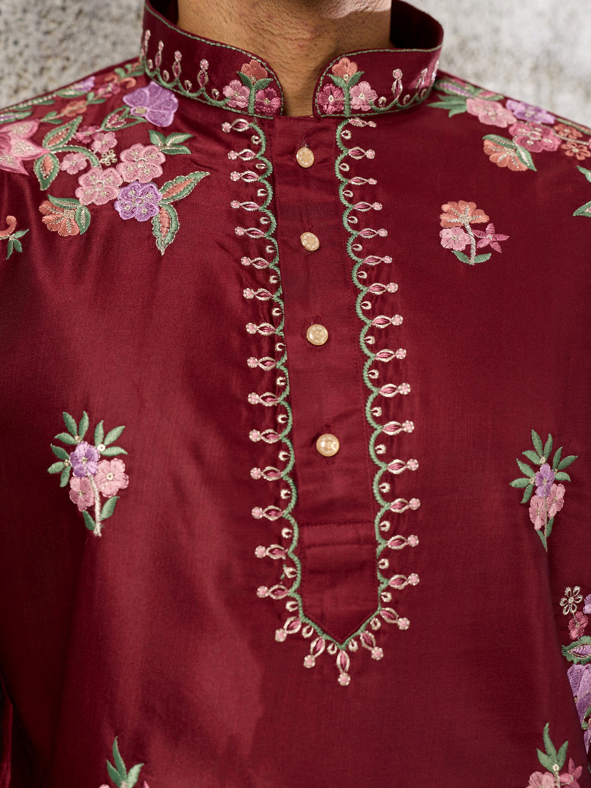 Dashing Maroon Embroidered Silk Function Wear Men’s Kurta Set