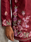 Dashing Maroon Embroidered Silk Function Wear Men’s Kurta Set