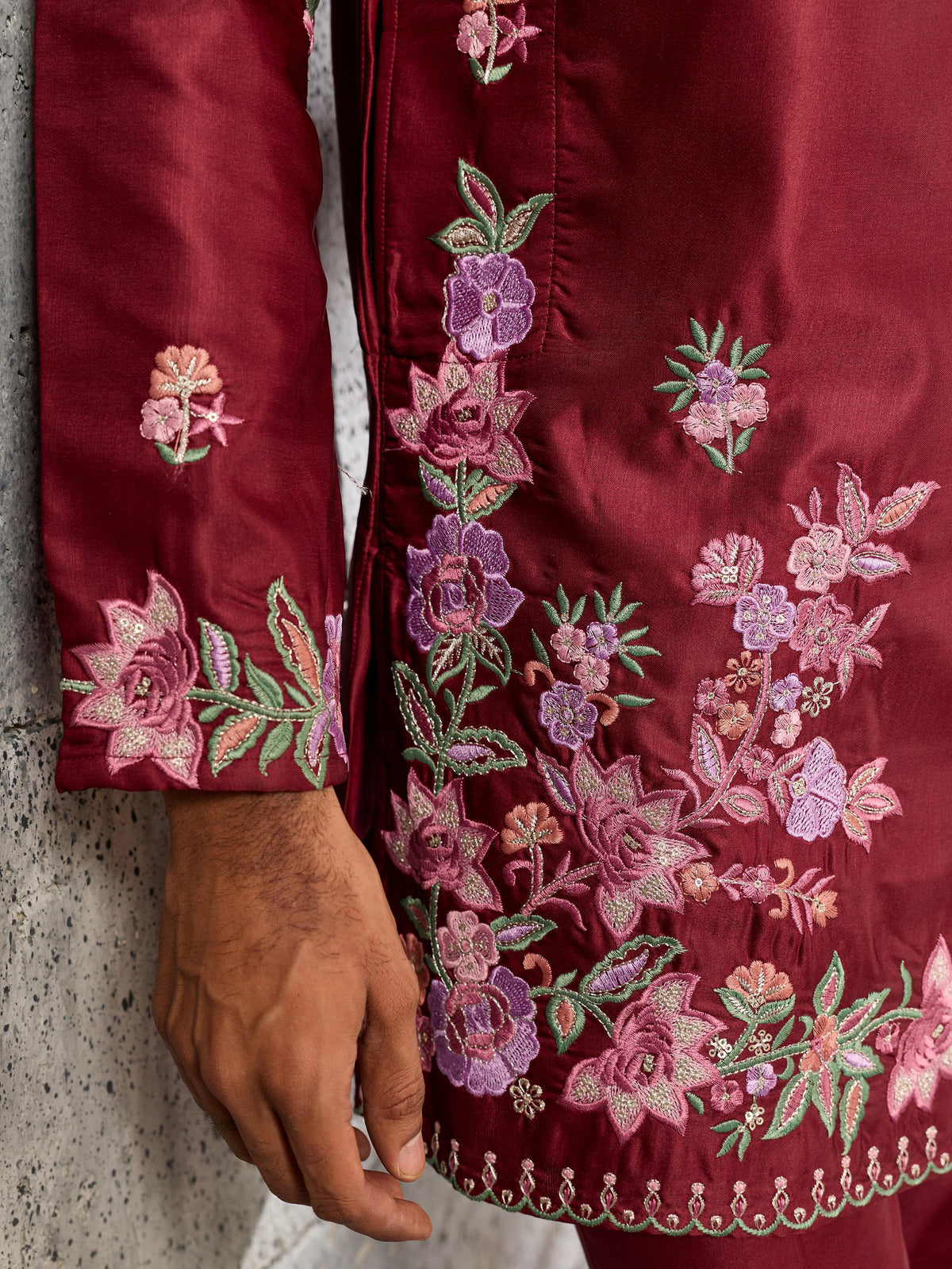 Dashing Maroon Embroidered Silk Function Wear Men’s Kurta Set