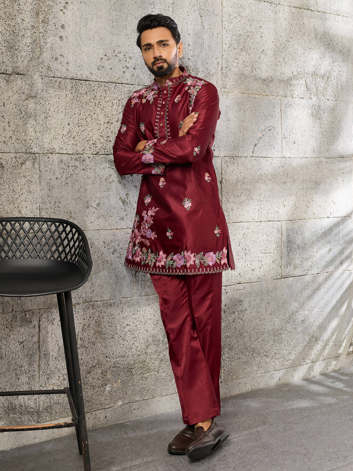 Dashing Maroon Embroidered Silk Function Wear Men’s Kurta Set