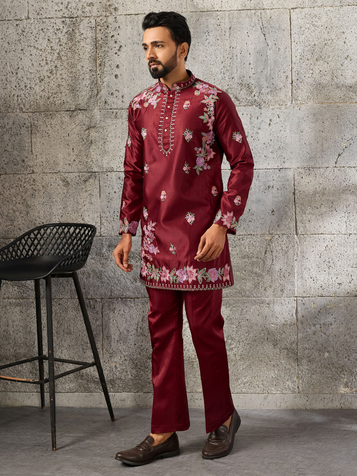 Dashing Maroon Embroidered Silk Function Wear Men’s Kurta Set