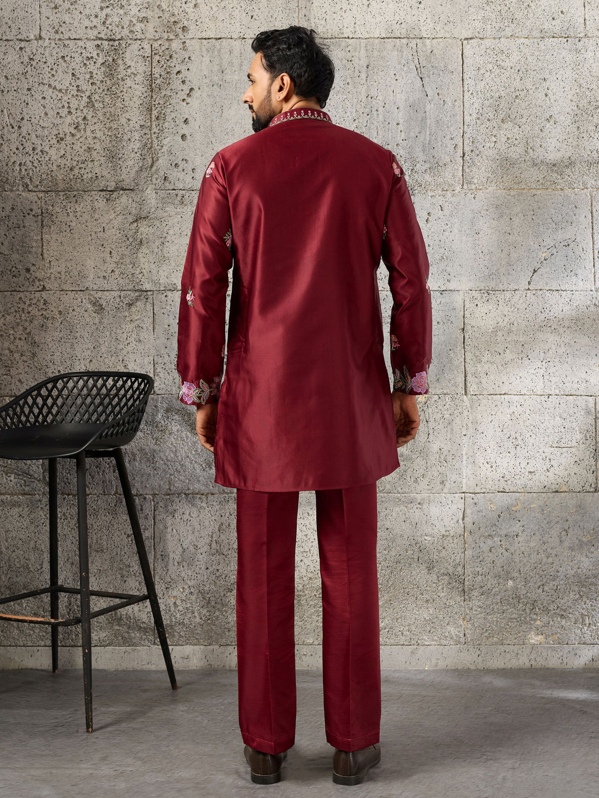 Dashing Maroon Embroidered Silk Function Wear Men’s Kurta Set