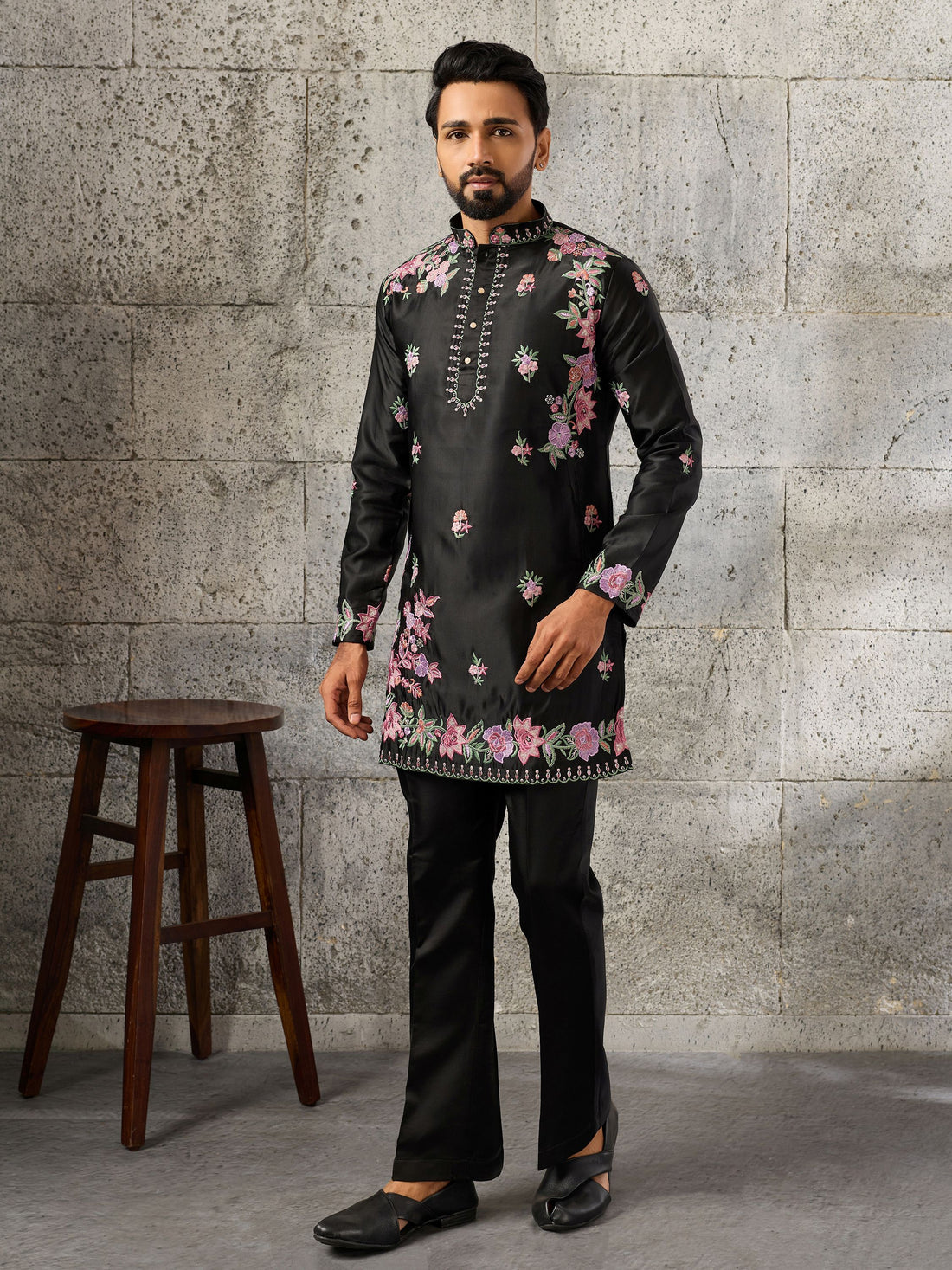 Lovely Black Sequins Work Silk Event Wear Men’s Kurta Set