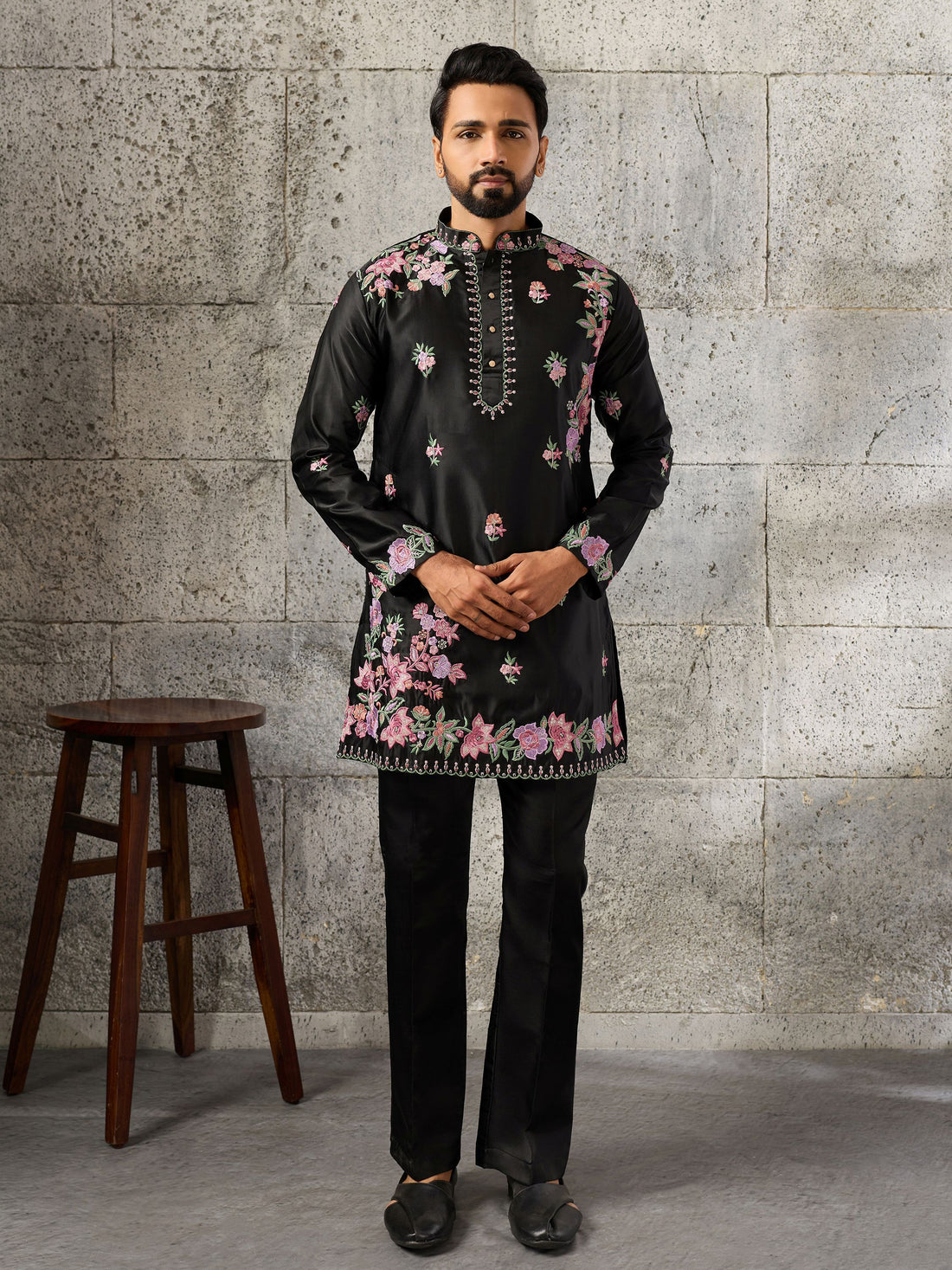 Lovely Black Sequins Work Silk Event Wear Men’s Kurta Set