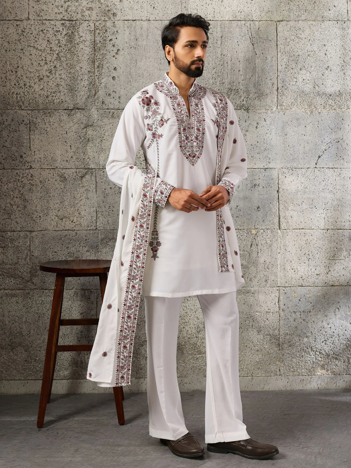 Regal White Embroidered Silk Wedding Wear Men’s Kurta Set