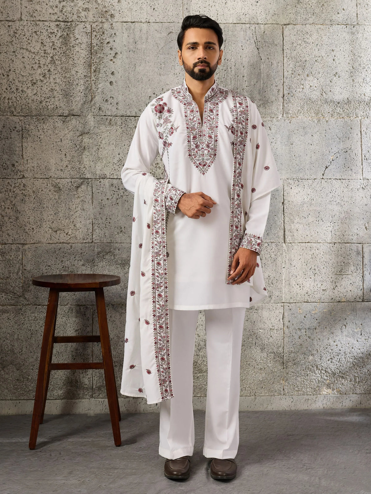 Regal White Embroidered Silk Wedding Wear Men’s Kurta Set