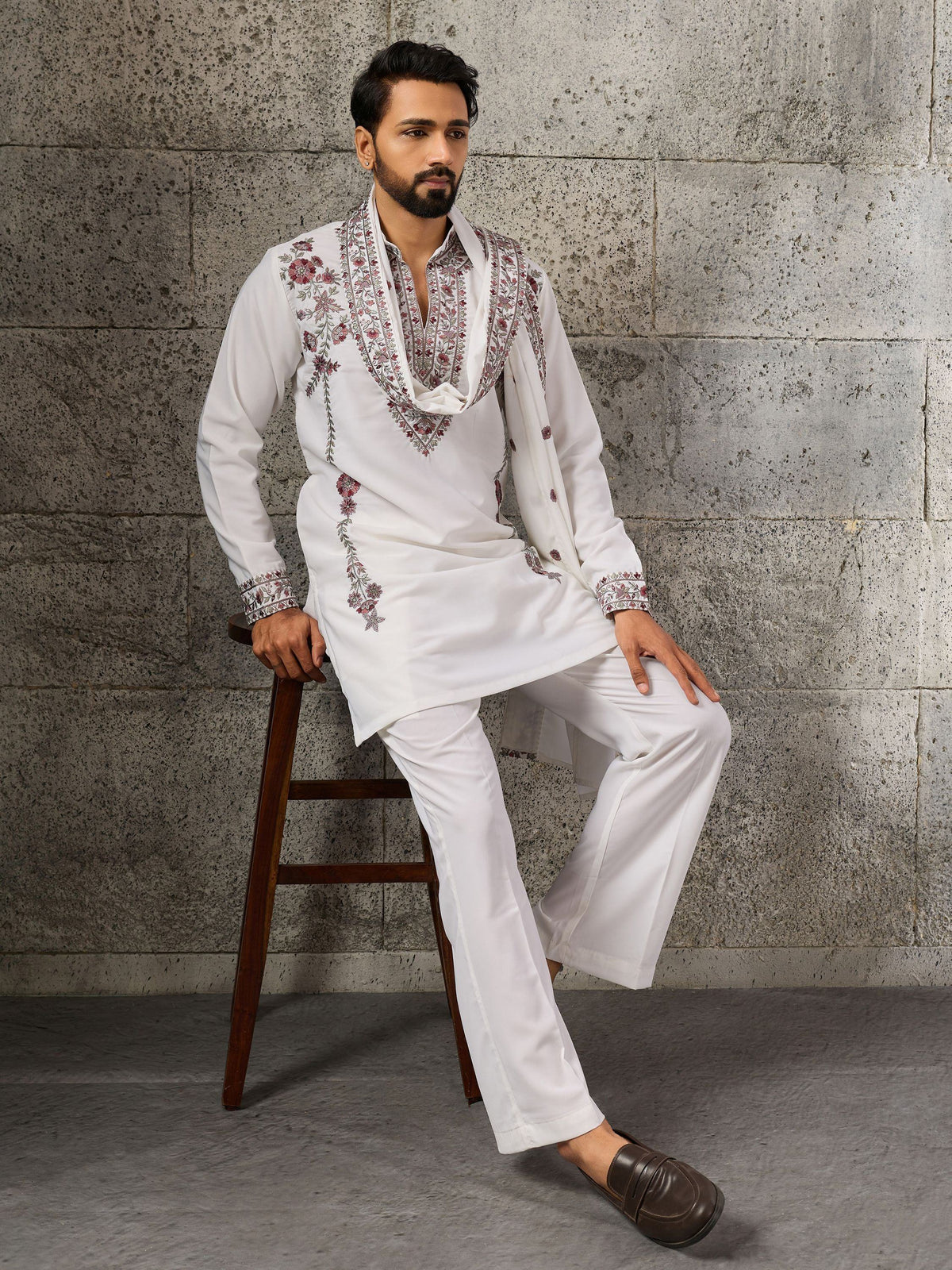 Regal White Embroidered Silk Wedding Wear Men’s Kurta Set