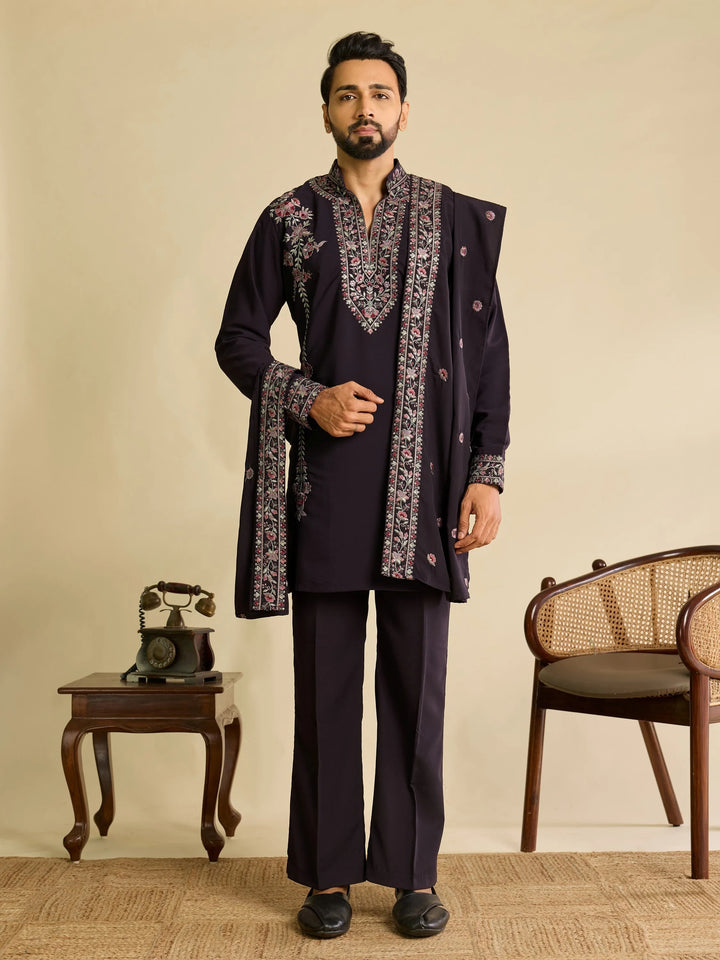 Elegant Wine Embroidered Silk Function Wear Men’s Kurta Set