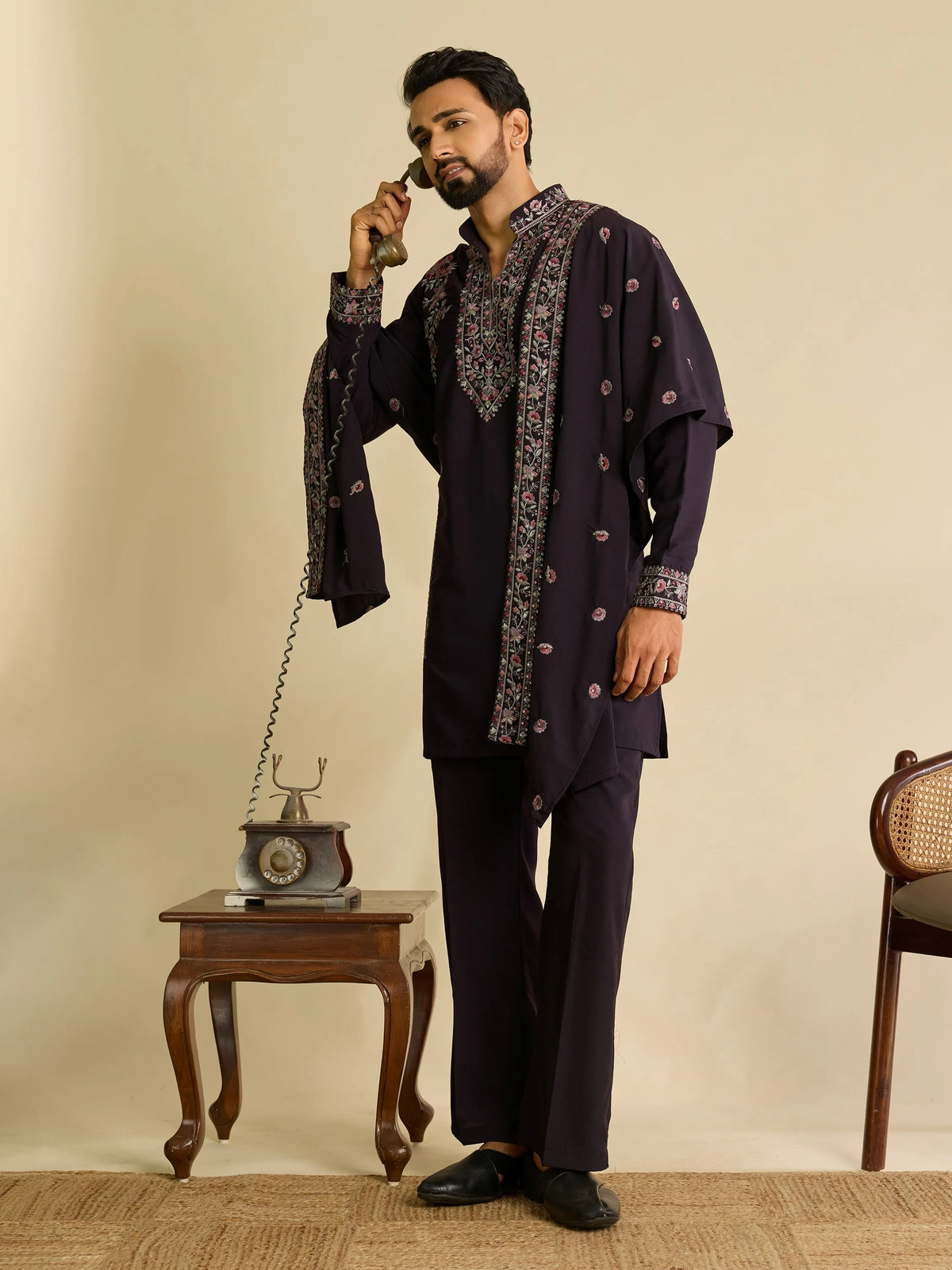 Elegant Wine Embroidered Silk Function Wear Men’s Kurta Set