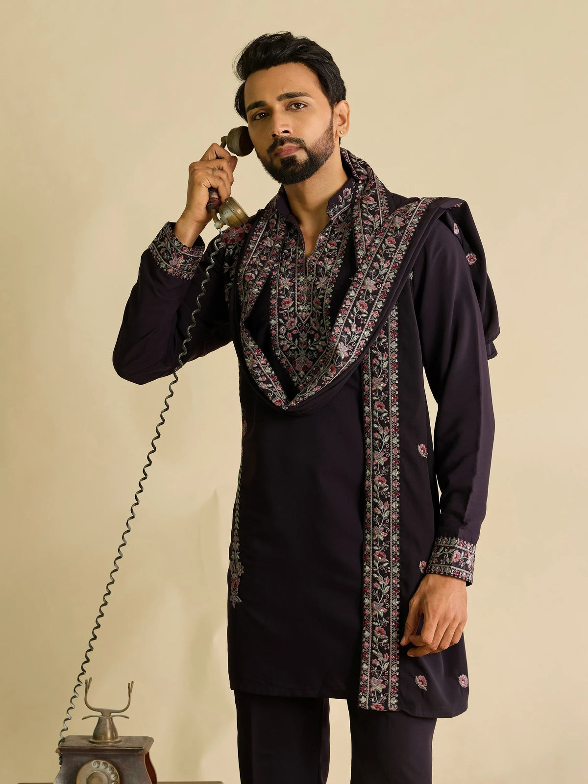Elegant Wine Embroidered Silk Function Wear Men’s Kurta Set