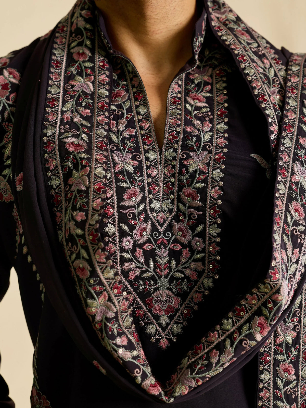 Elegant Wine Embroidered Silk Function Wear Men’s Kurta Set