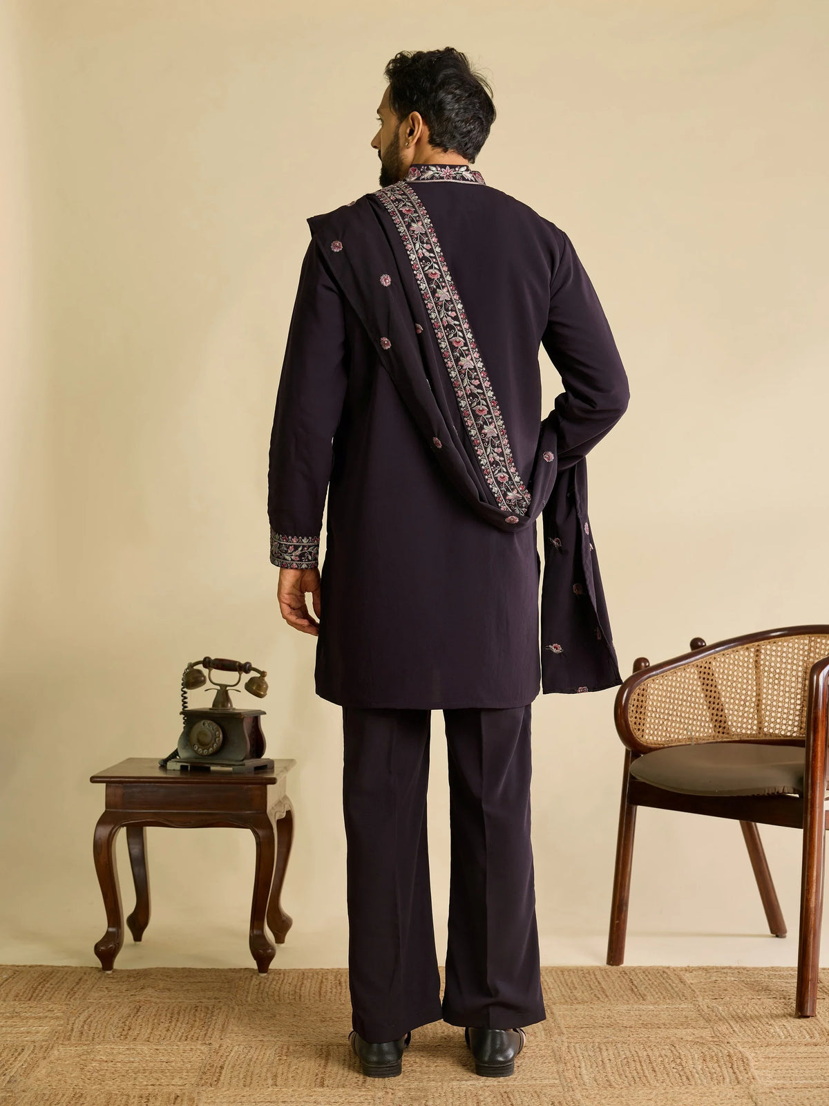 Elegant Wine Embroidered Silk Function Wear Men’s Kurta Set