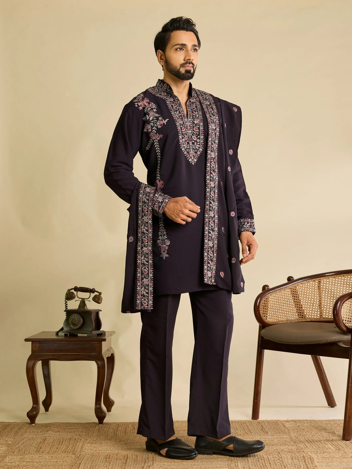 Elegant Wine Embroidered Silk Function Wear Men’s Kurta Set