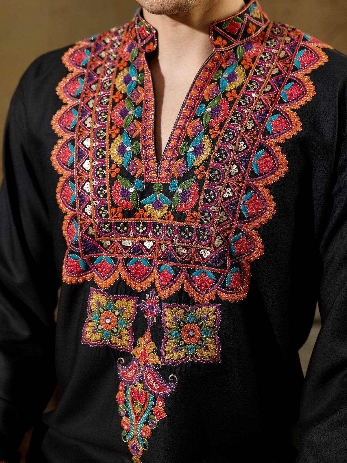 Trendy Black Embroidered Rayon Festive Wear Men’s Kurta