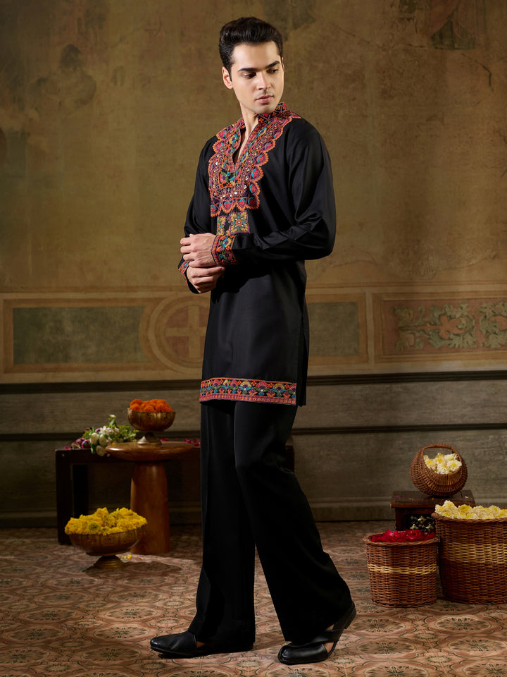 Trendy Black Embroidered Rayon Festive Wear Men’s Kurta
