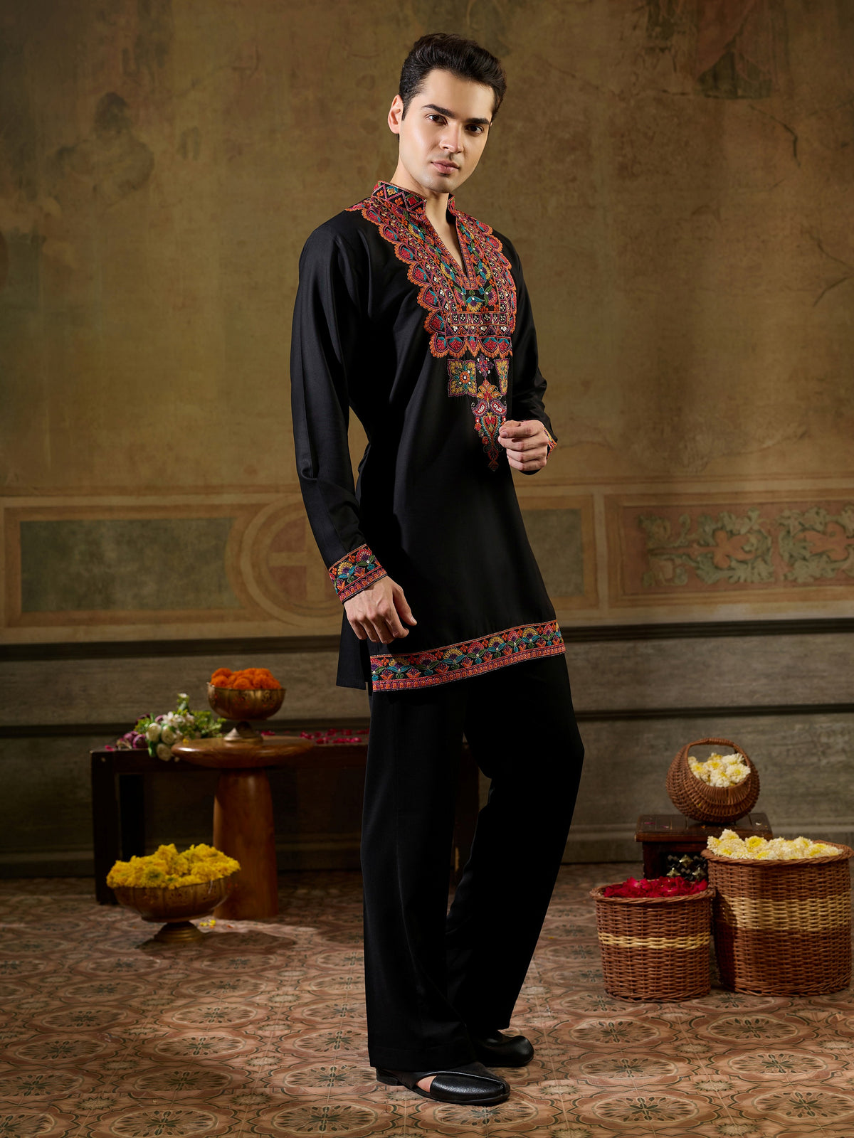 Trendy Black Embroidered Rayon Festive Wear Men’s Kurta
