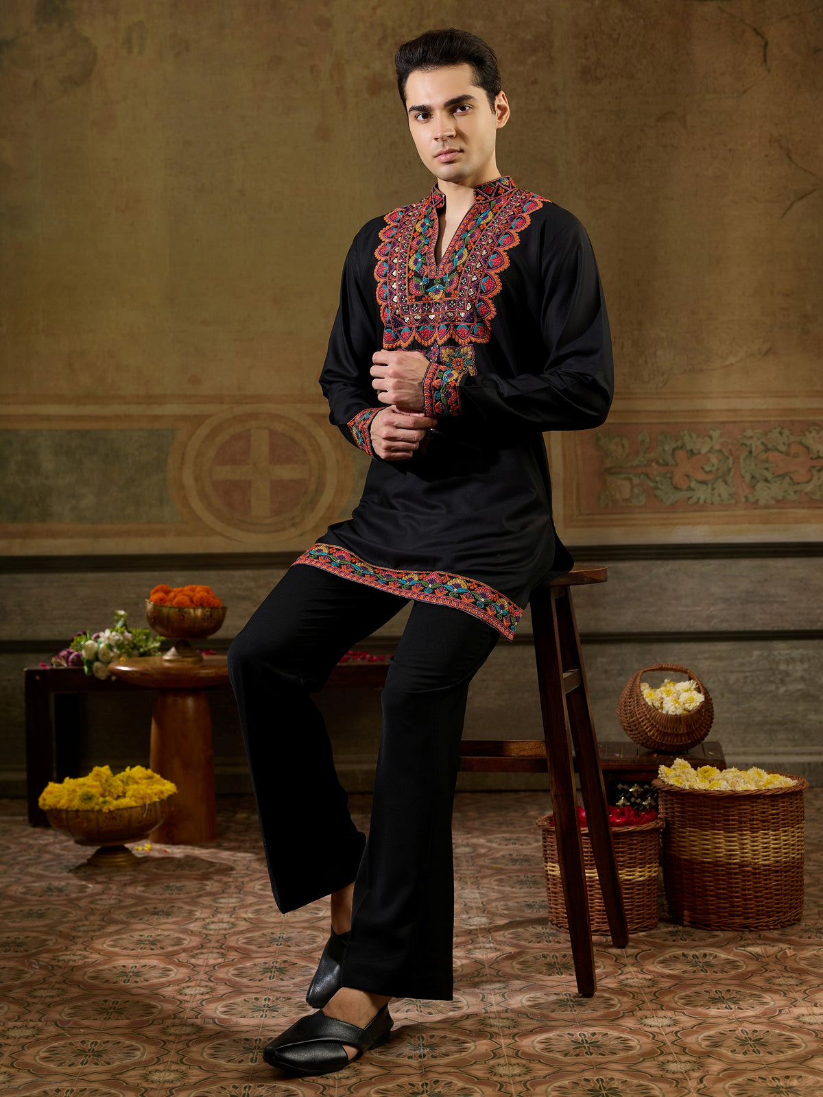 Trendy Black Embroidered Rayon Festive Wear Men’s Kurta