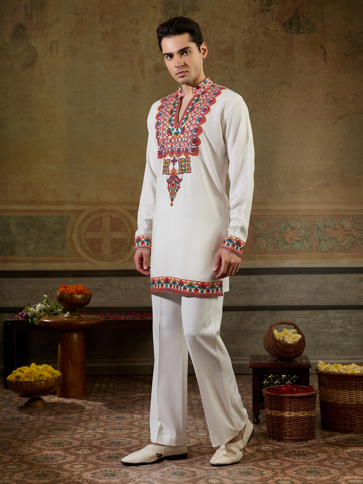 Classic White Sequins Work Rayon Festive Wear Men’s Kurta
