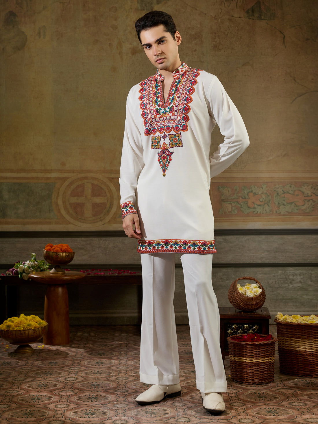 Classic White Sequins Work Rayon Festive Wear Men’s Kurta