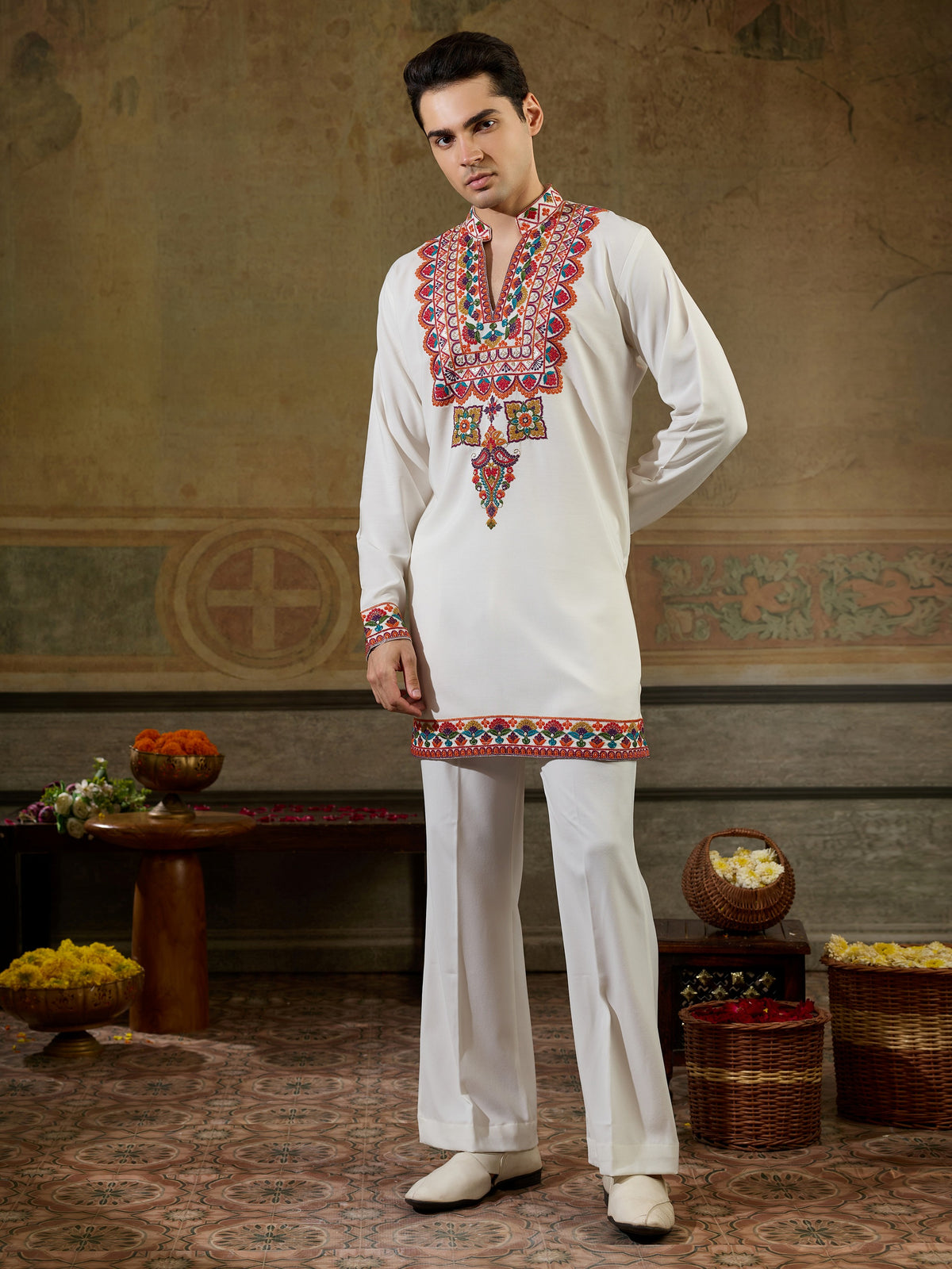 Classic White Sequins Work Rayon Festive Wear Men’s Kurta