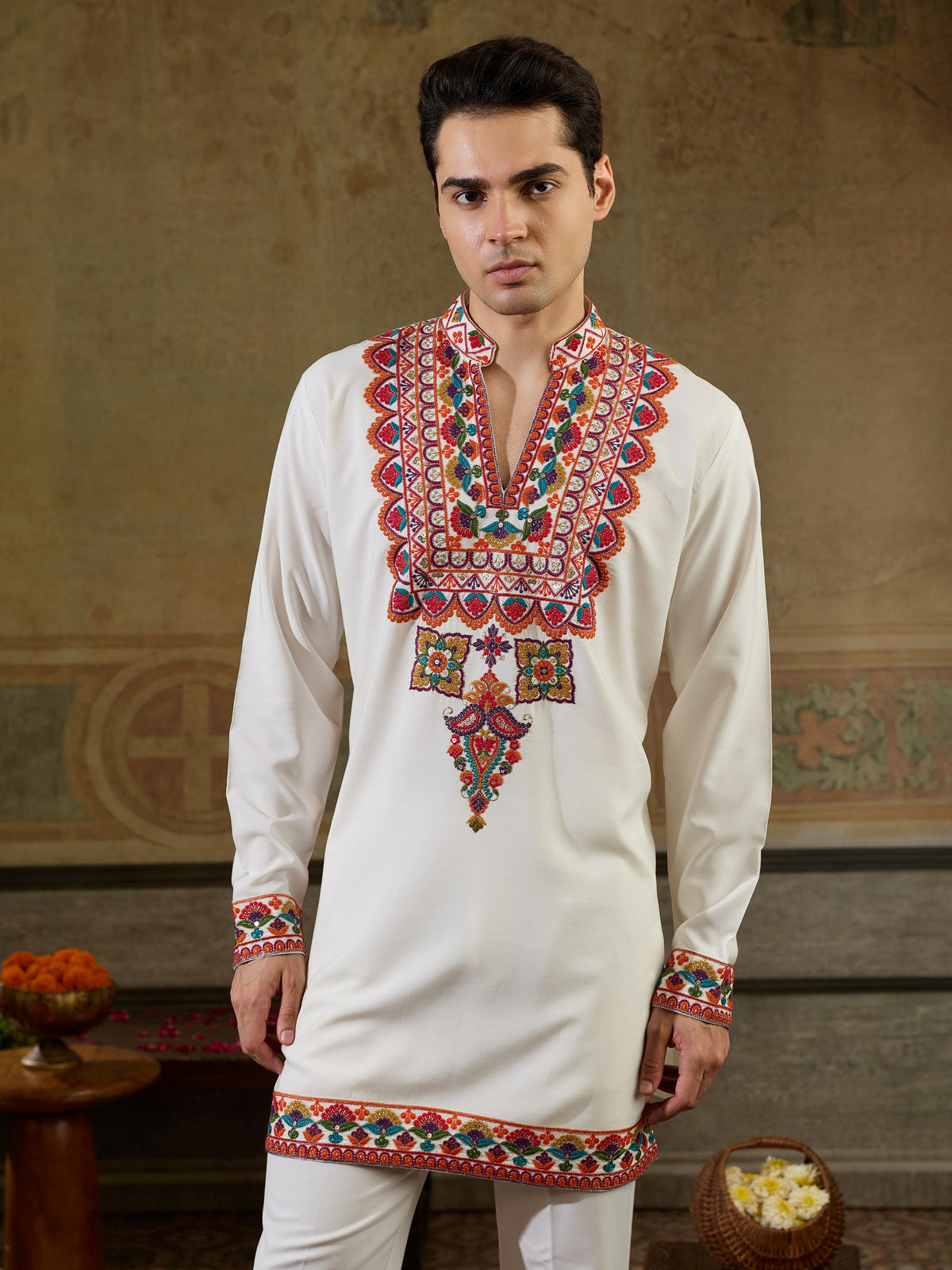 Classic White Sequins Work Rayon Festive Wear Men’s Kurta
