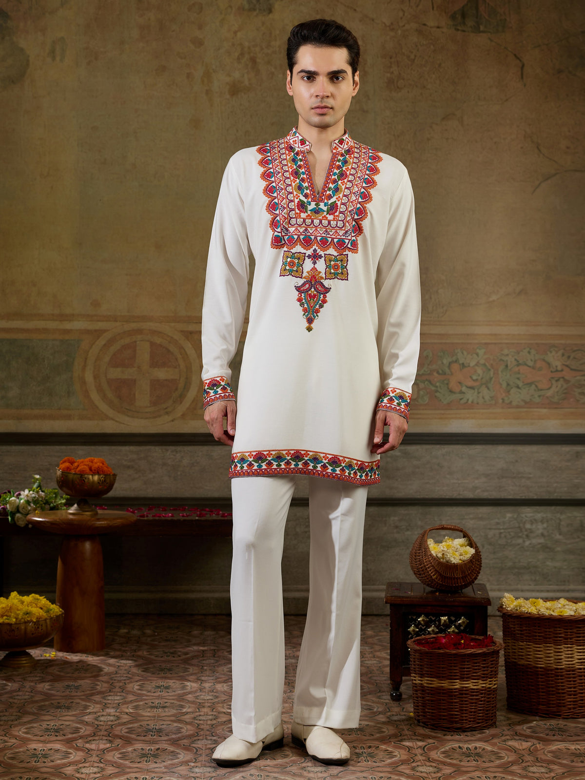 Classic White Sequins Work Rayon Festive Wear Men’s Kurta