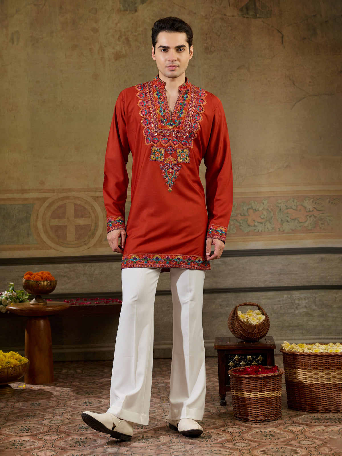 Enchanting Orange Thread Embroidered Rayon Festive Wear Men’s Kurta