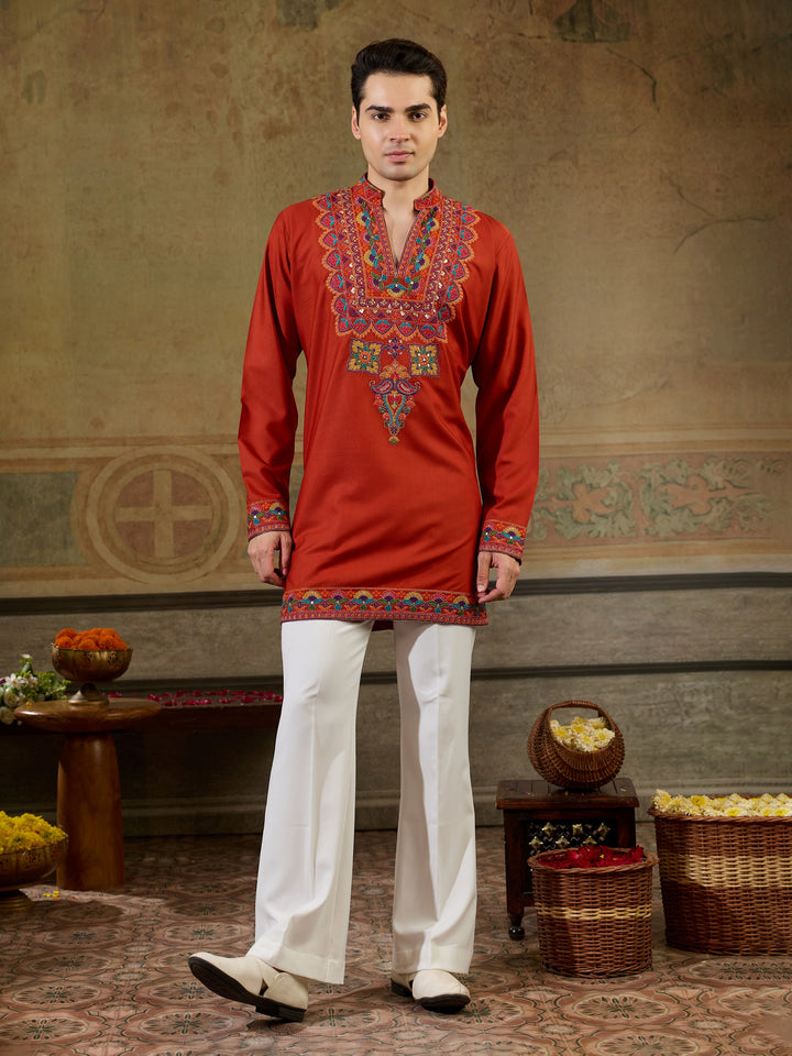 Enchanting Orange Thread Embroidered Rayon Festive Wear Men’s Kurta