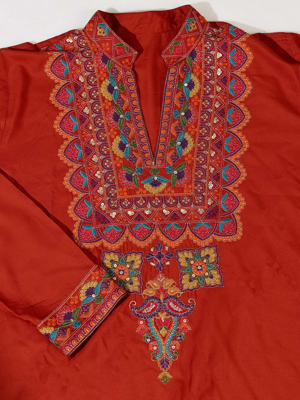 Enchanting Orange Thread Embroidered Rayon Festive Wear Men’s Kurta