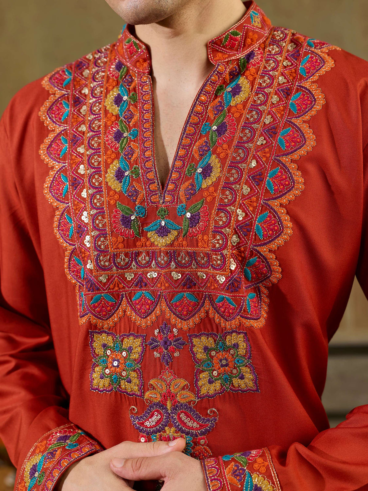 Enchanting Orange Thread Embroidered Rayon Festive Wear Men’s Kurta