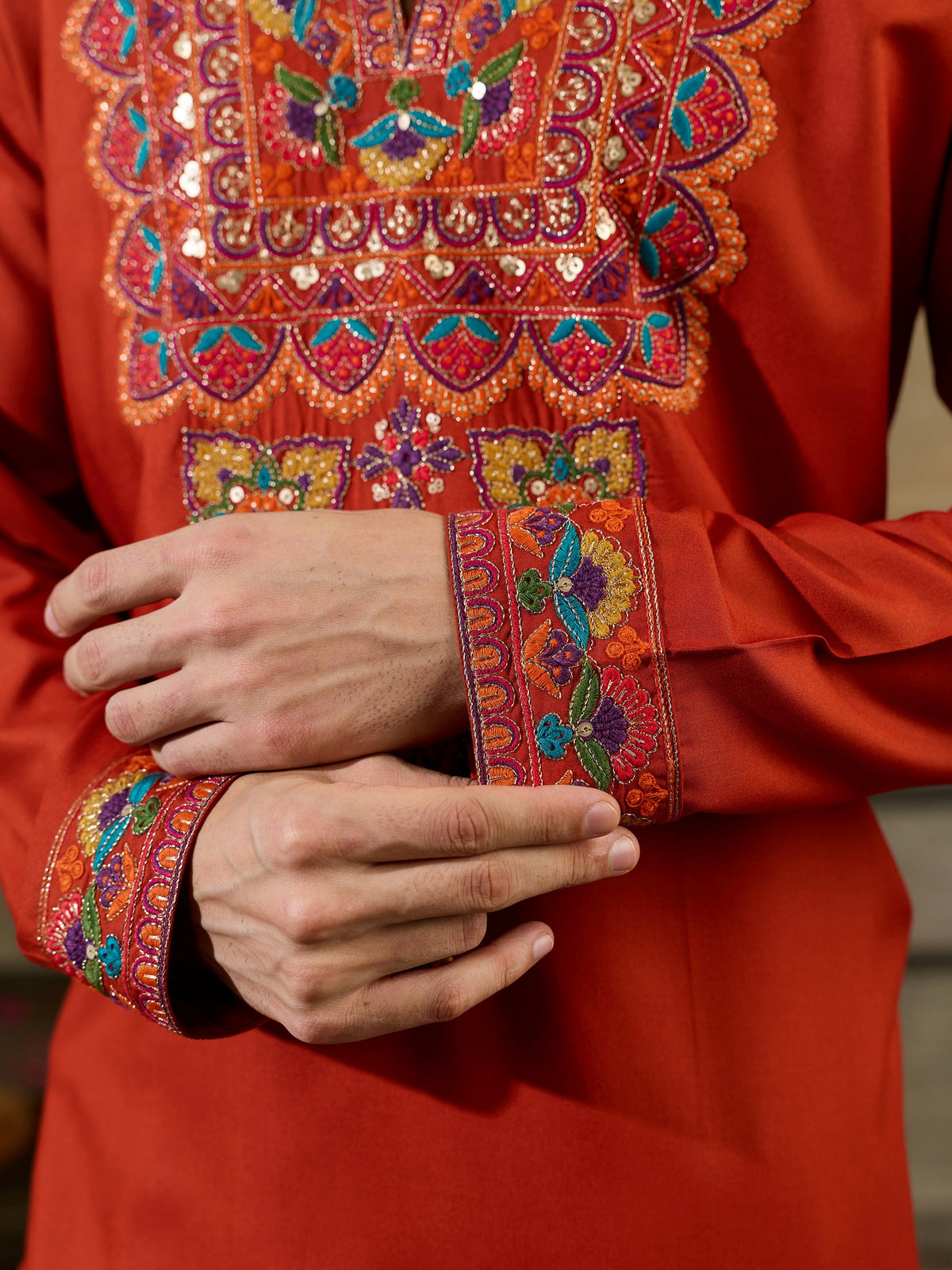 Enchanting Orange Thread Embroidered Rayon Festive Wear Men’s Kurta