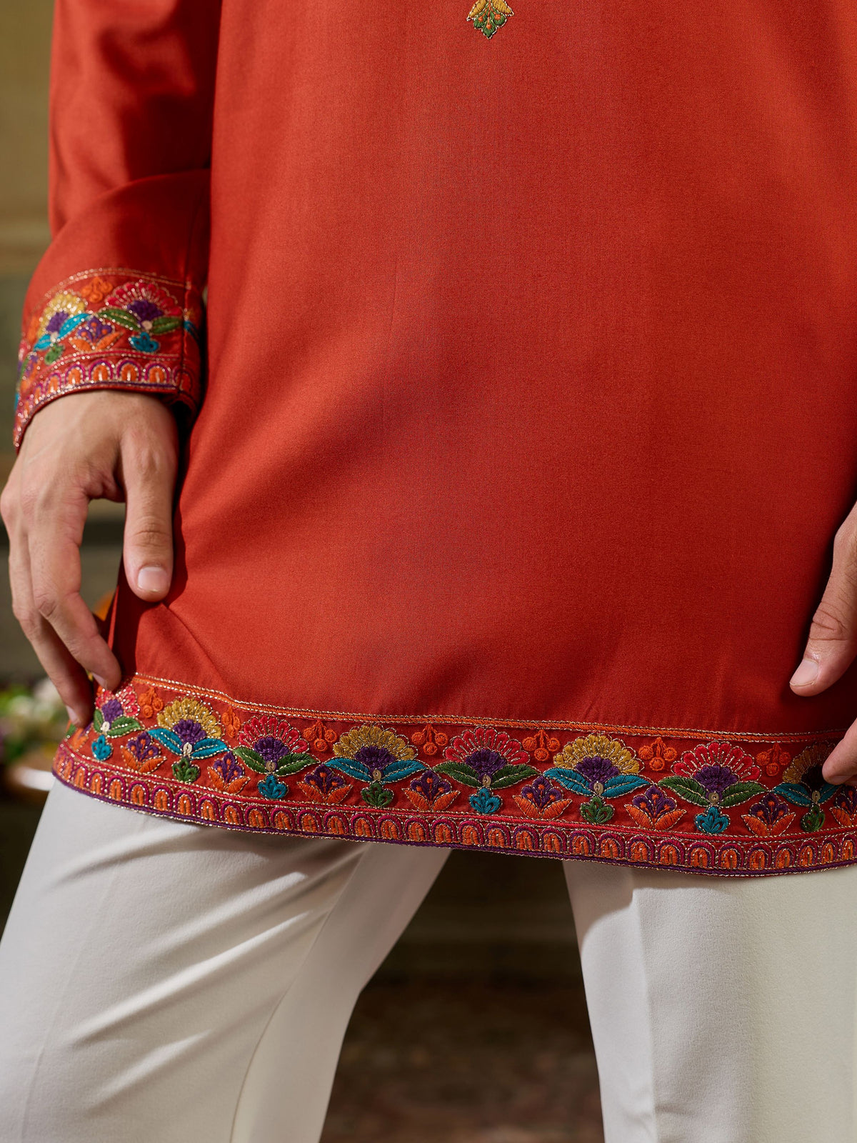 Enchanting Orange Thread Embroidered Rayon Festive Wear Men’s Kurta