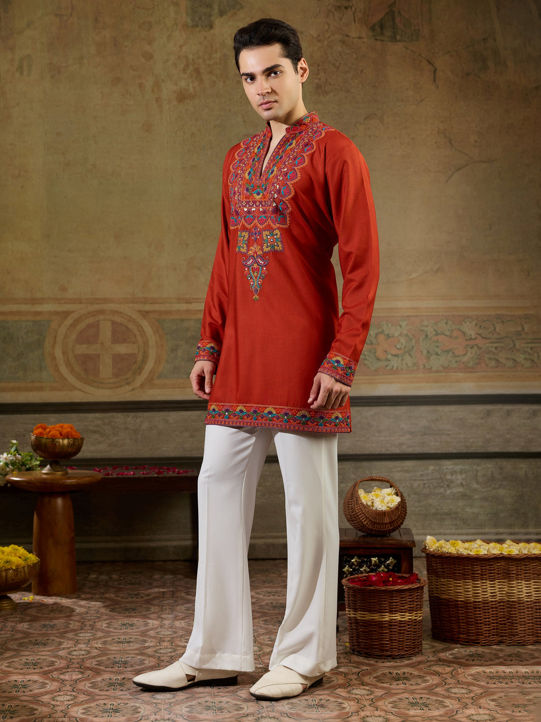 Enchanting Orange Thread Embroidered Rayon Festive Wear Men’s Kurta