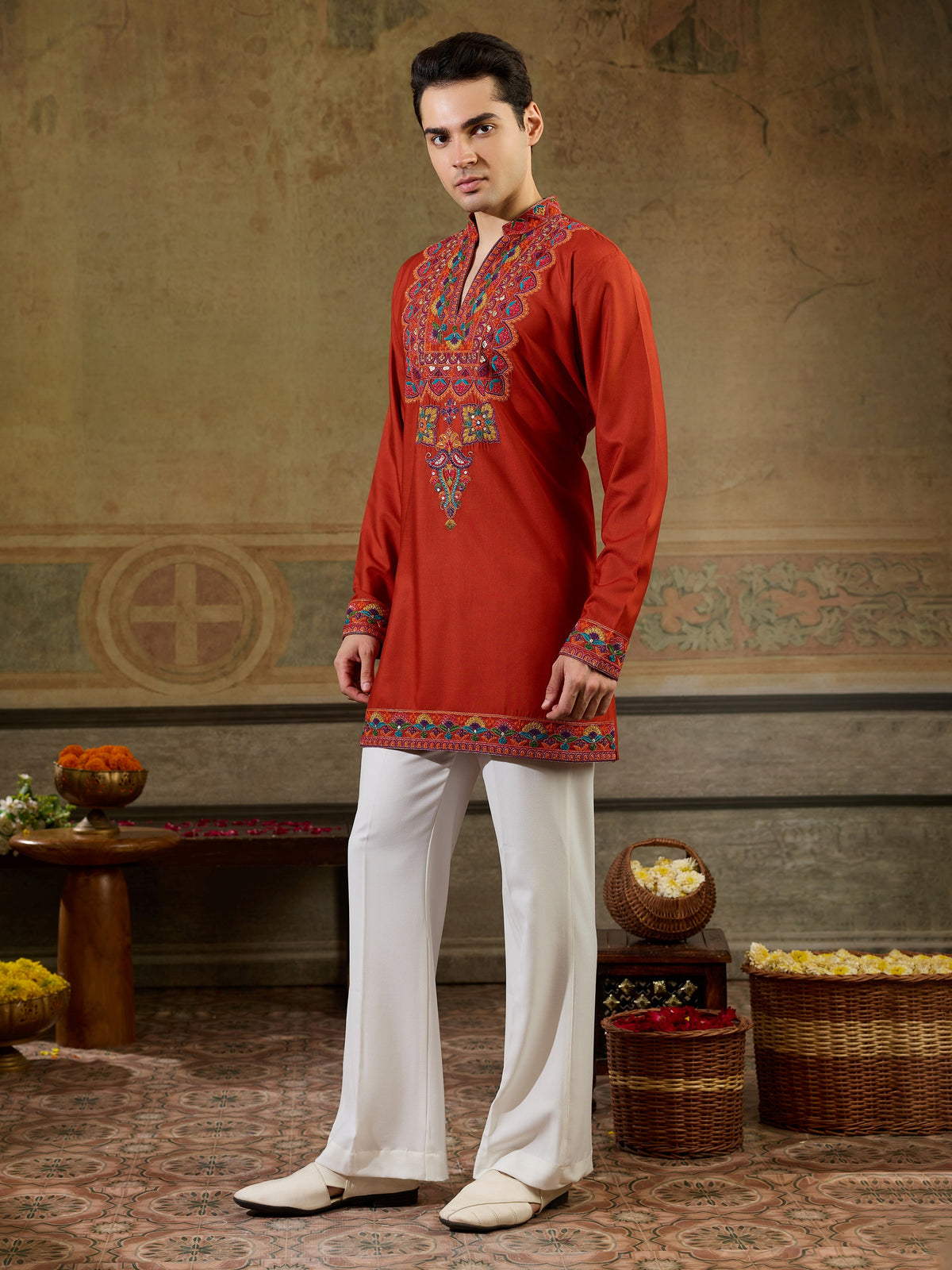 Enchanting Orange Thread Embroidered Rayon Festive Wear Men’s Kurta