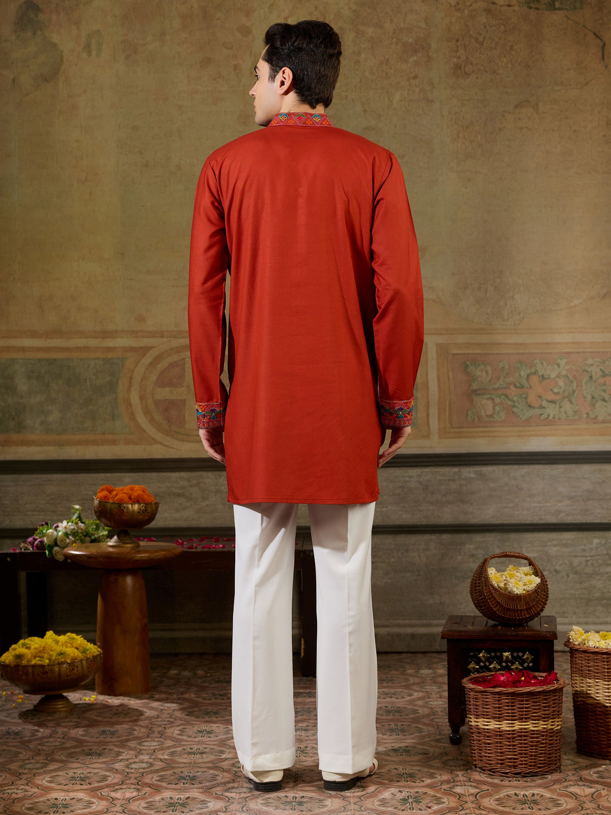 Enchanting Orange Thread Embroidered Rayon Festive Wear Men’s Kurta