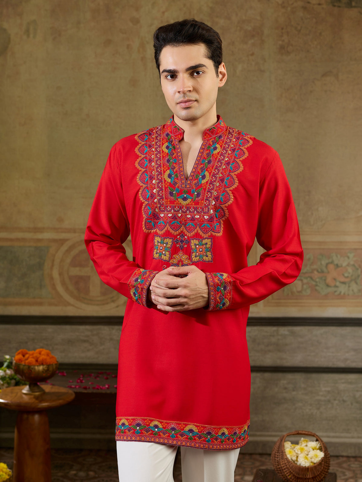 Attractive Red Embroidered Rayon Navratri Wear Men’s Kurta