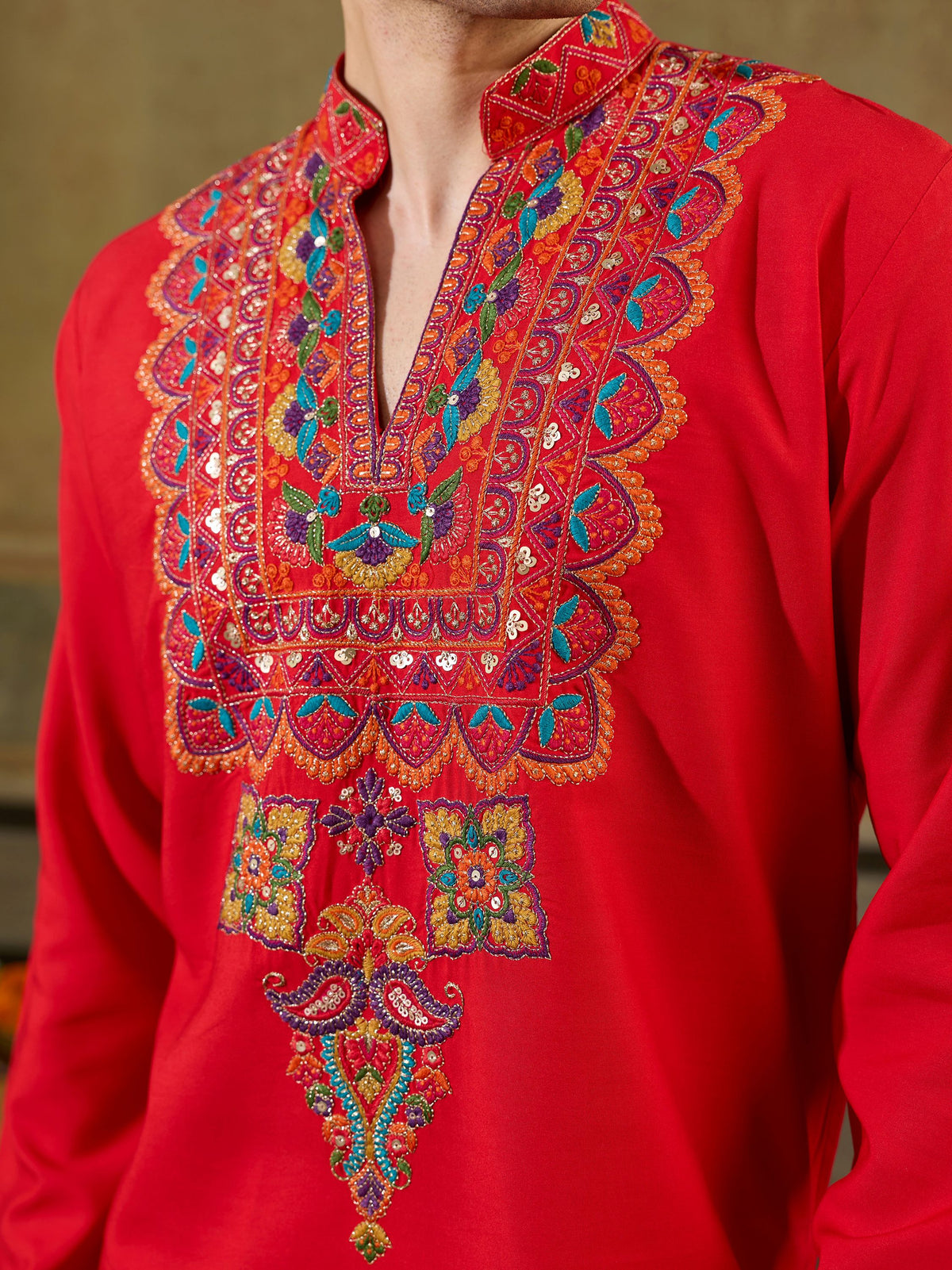 Attractive Red Embroidered Rayon Navratri Wear Men’s Kurta