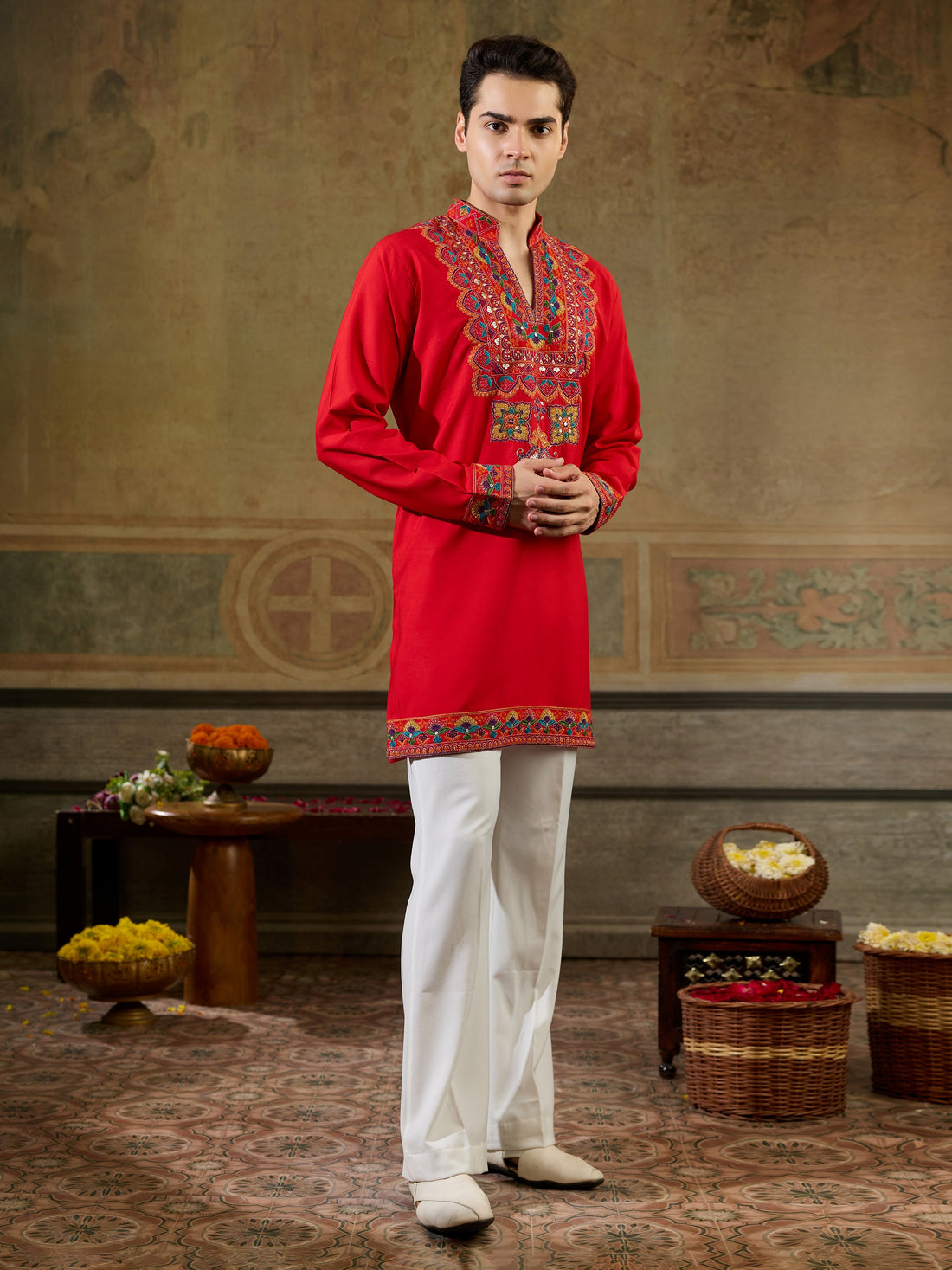 Attractive Red Embroidered Rayon Navratri Wear Men’s Kurta