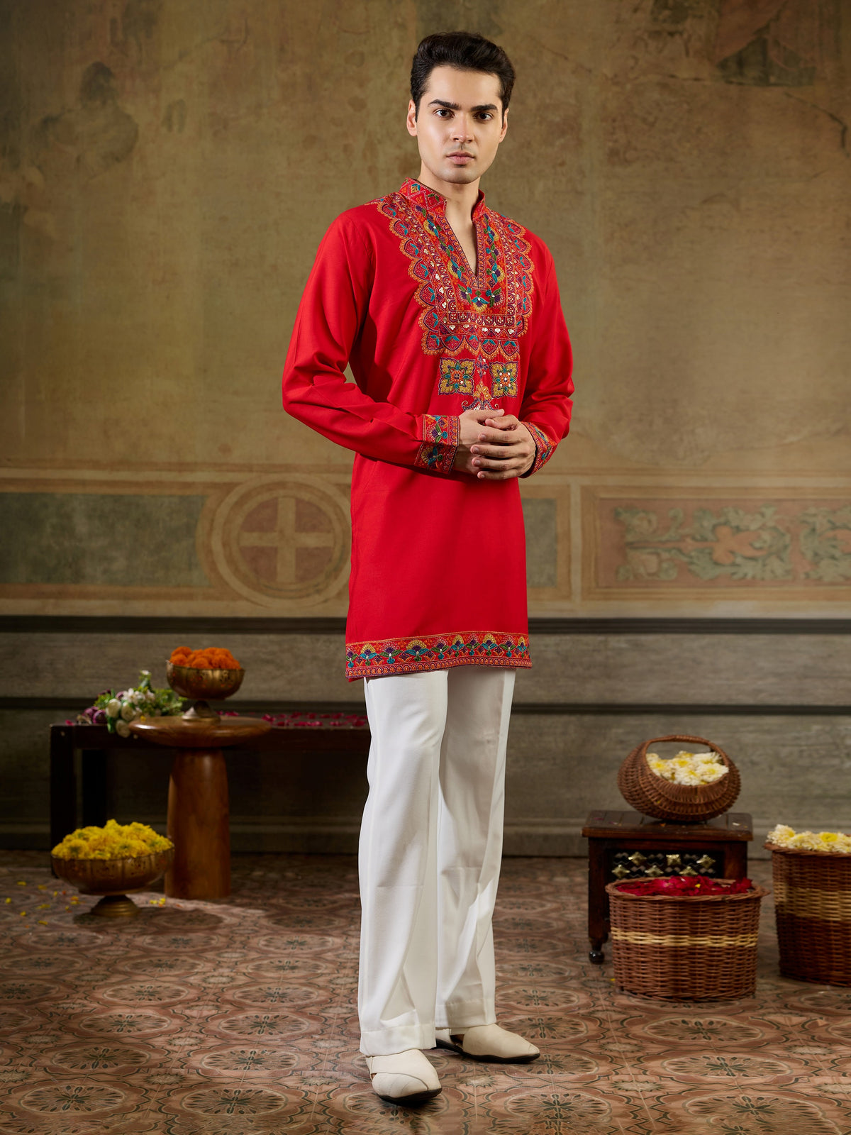 Attractive Red Embroidered Rayon Navratri Wear Men’s Kurta