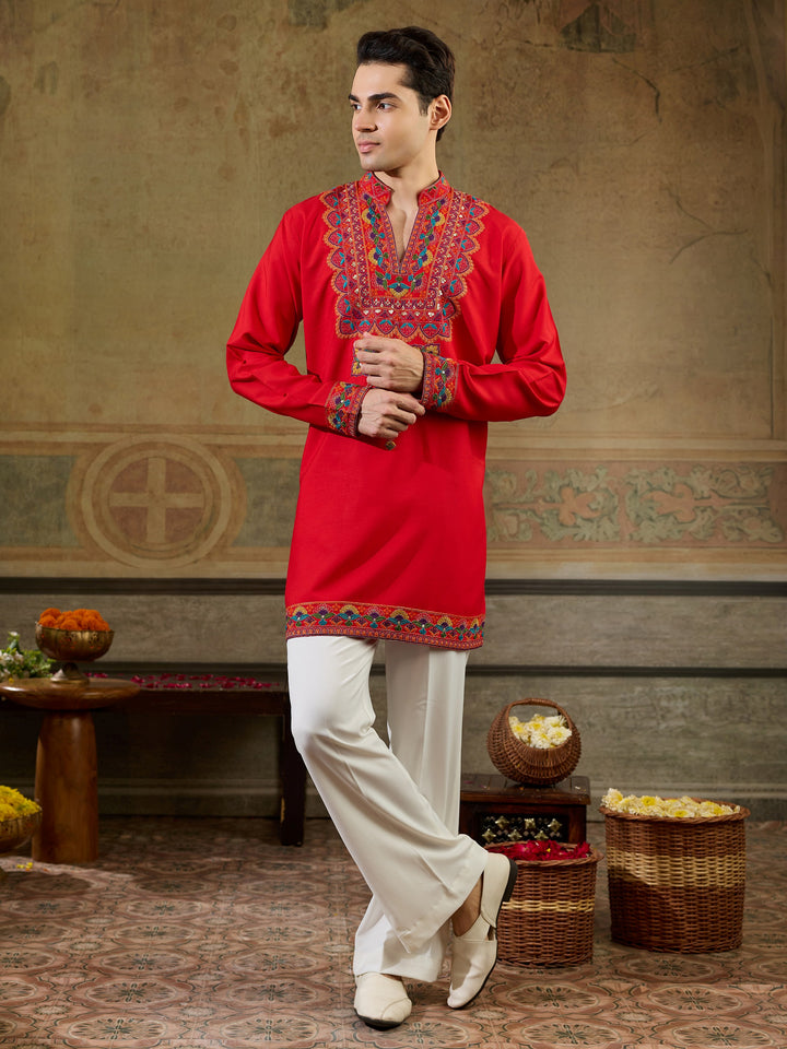 Attractive Red Embroidered Rayon Navratri Wear Men’s Kurta