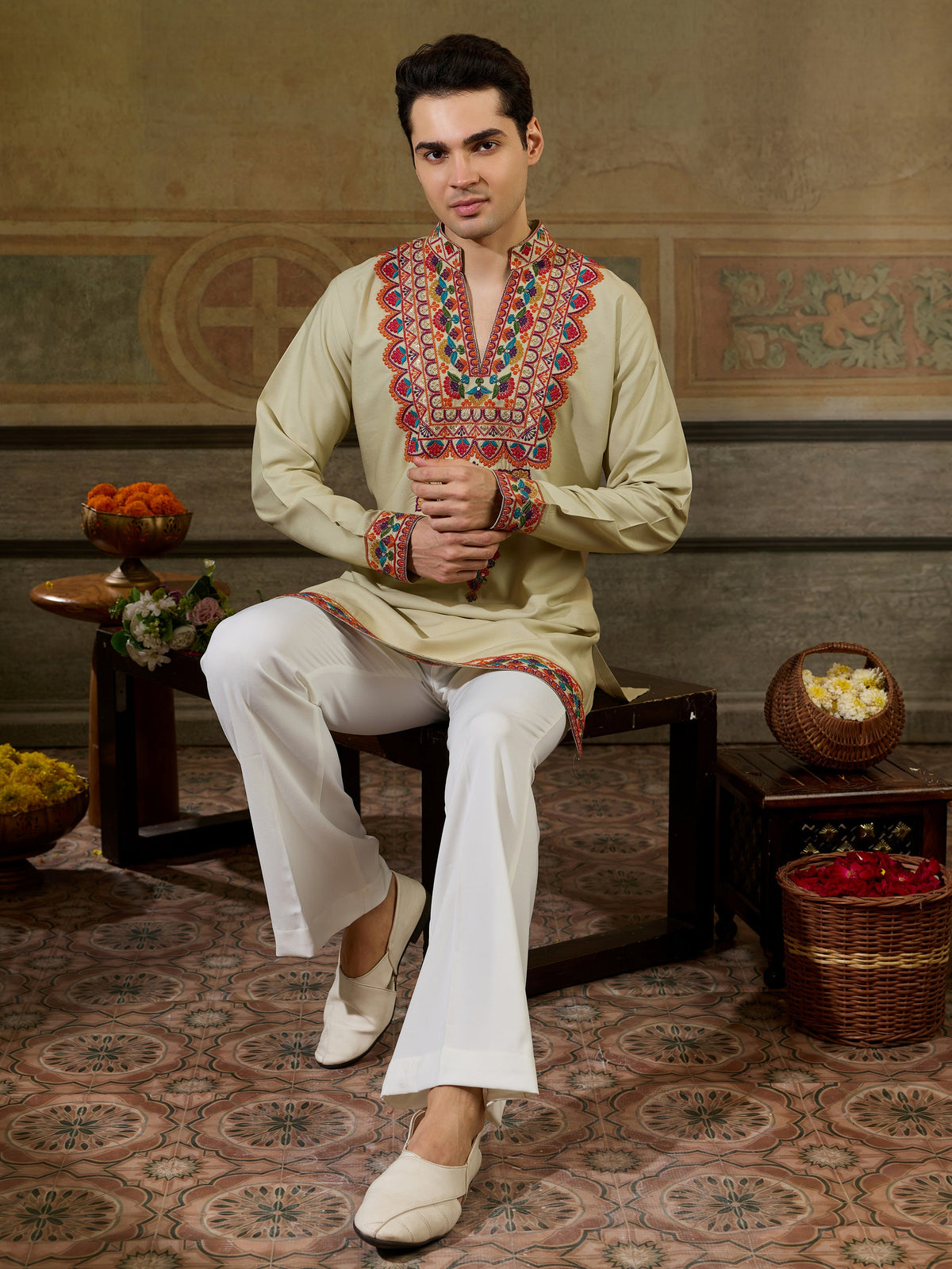 Elegant Cream Sequins Work Rayon Festive Wear Men’s Kurta