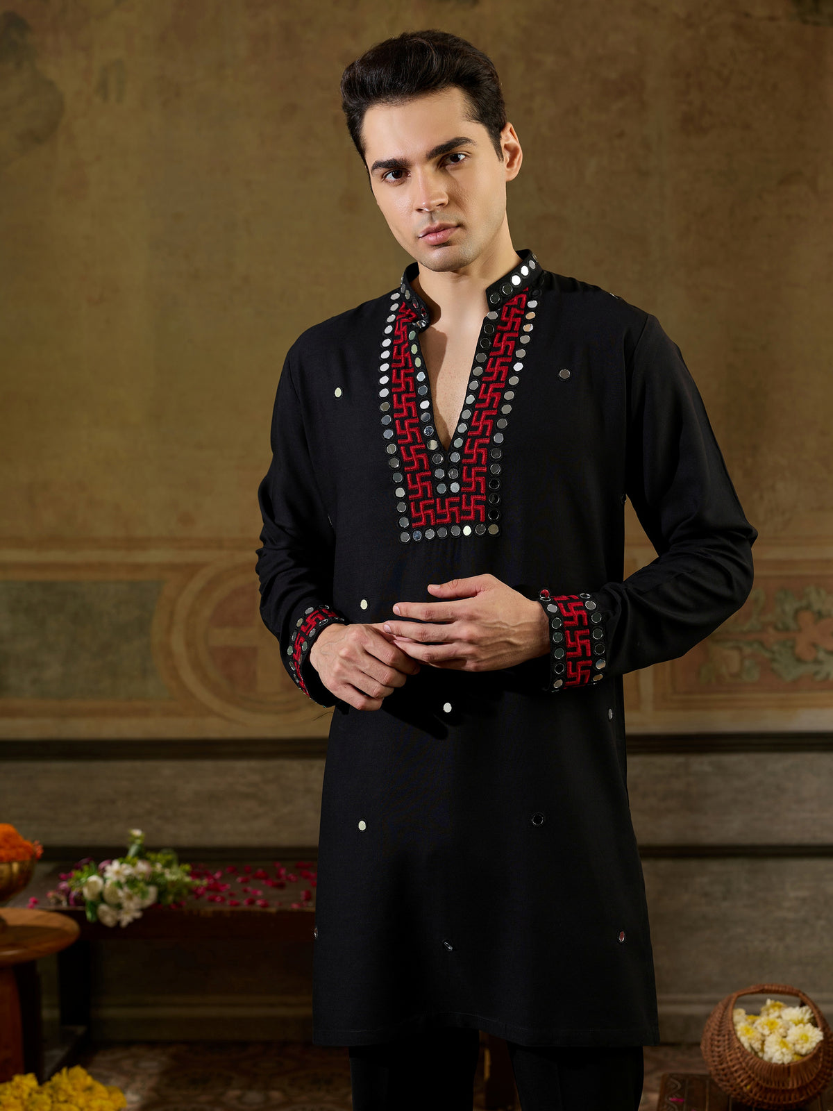 Beautiful Black Embroidered Rayon Navratri Wear Men’s Kurta