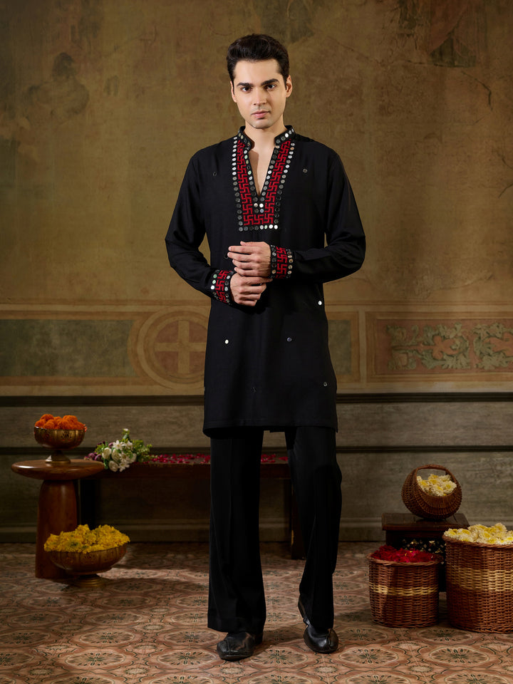 Beautiful Black Embroidered Rayon Navratri Wear Men’s Kurta