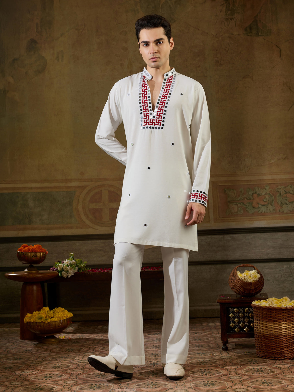 Festive White Sequins Work Rayon Navratri Wear Men’s Kurta