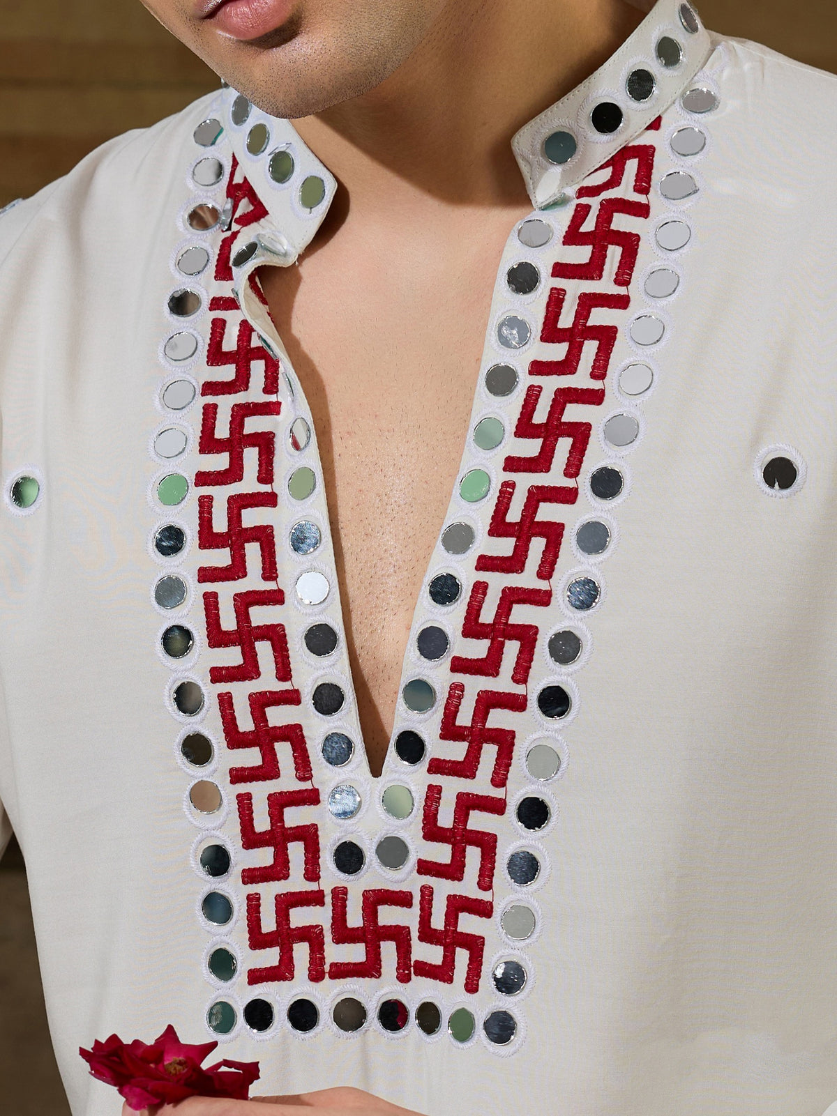 Festive White Sequins Work Rayon Navratri Wear Men’s Kurta