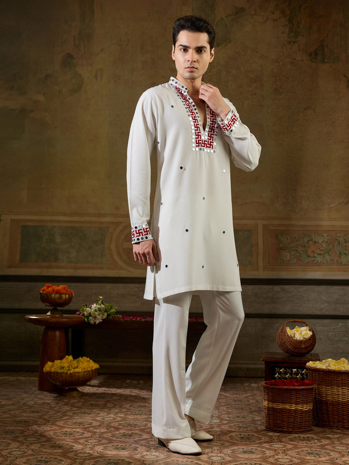 Festive White Sequins Work Rayon Navratri Wear Men’s Kurta
