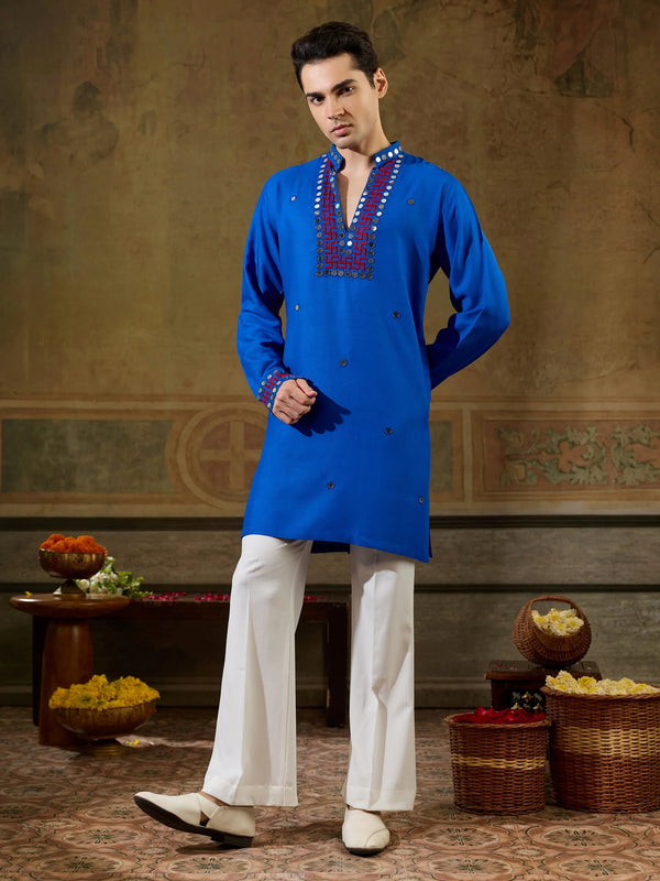 Charming Blue Embroidered Rayon Navratri Wear Men’s Kurta