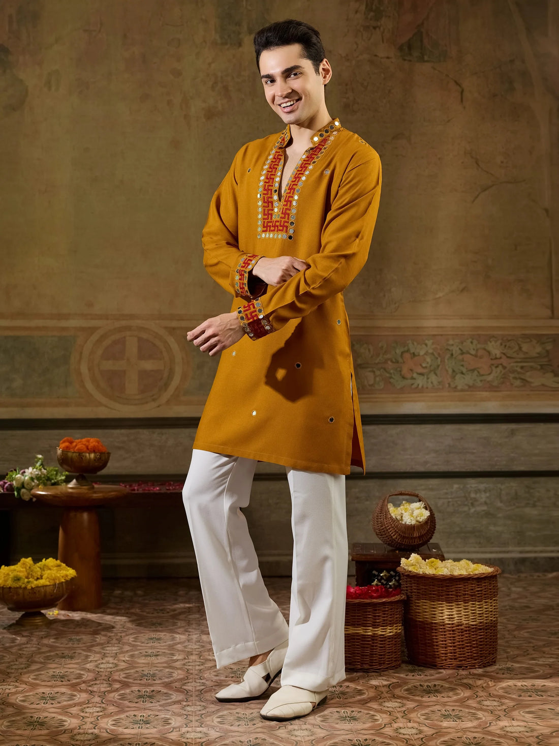 Bewitching Mustard Yellow Sequins Work Rayon Navratri Wear Men’s Kurta