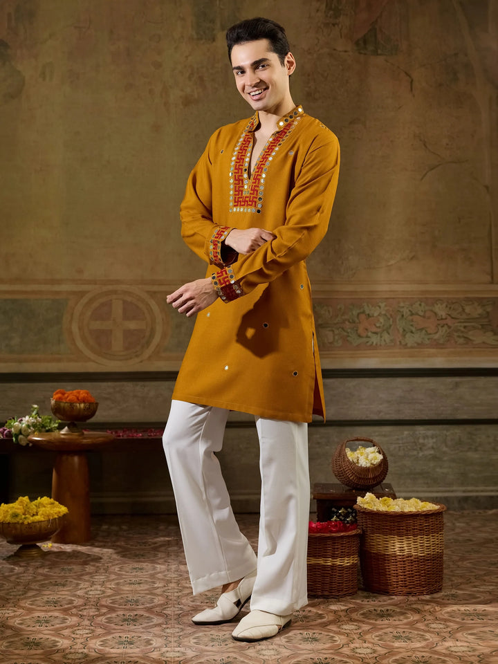 Bewitching Mustard Yellow Sequins Work Rayon Navratri Wear Men’s Kurta